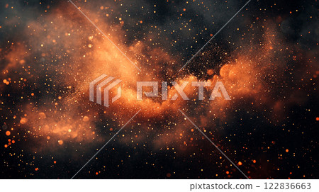 Black and orange background with a lot of small orange dots. The background is a mix of orange and black, creating a contrast between the two colors. The dots are scattered all over the background 122836663