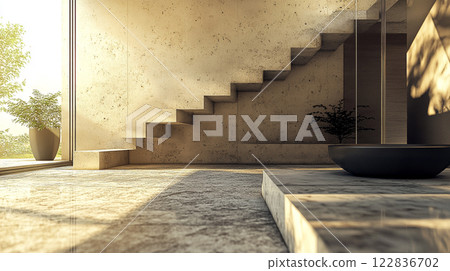 Staircase is shown in a room with a window and a potted plant. The staircase is made of concrete and is very tall. The room is very clean and has a modern look Staircase is shown in a room with a window and a potted plant. The staircase is made of concrete and is very tall. The room is very clean and has a modern look 122836702