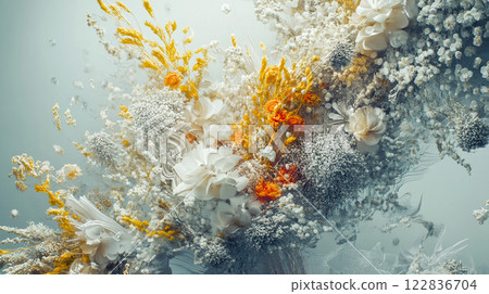 Flower arrangement with white and yellow flowers. The flowers are arranged in a spiral pattern. The arrangement is very colorful and vibrant Flower arrangement with white and yellow flowers. The flowers are arranged in a spiral pattern. The arrangement is very colorful and vibrant 122836704