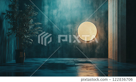 Room with a large white circle on the wall and a plant in a vase. The room is dark and the circle is lit up 122836706