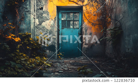 Blue door with a window in the middle of a room. The door is open and the room is empty 122836710