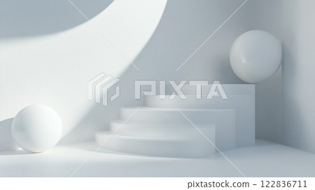 White room with a white staircase and two white balls. The room is empty and the balls are placed on the steps White room with a white staircase and two white balls. The room is empty and the balls are placed on the steps 122836711