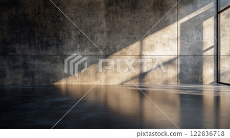 Large, empty room with a window that is letting in sunlight. The room is made of concrete and has a very industrial feel Large, empty room with a window that is letting in sunlight. The room is made of concrete and has a very industrial feel 122836718