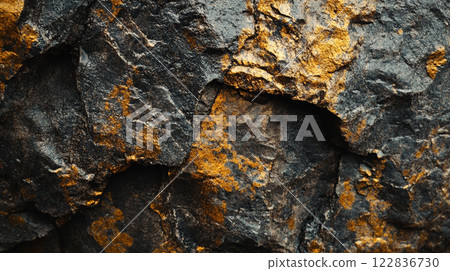 Rock wall with a gold and brown color. The wall is made of rocks and has a rough texture 122836730