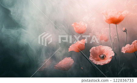 Close up of a bunch of red flowers with a blurry background. The flowers are in a field and the background is hazy Close up of a bunch of red flowers with a blurry background. The flowers are in a field and the background is hazy 122836733