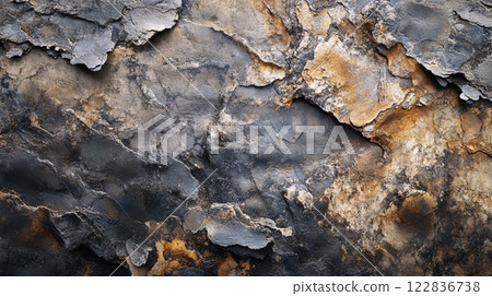 Rock with a lot of cracks and crevices. The rock is brown and gray. The cracks and crevices give the rock a rough and rugged appearance 122836738