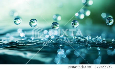 Body of water with a few drops of water falling from the sky. The water droplets are small and scattered, creating a sense of movement and fluidity. The scene evokes a feeling of tranquility 122836739