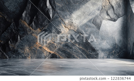 Large rock wall with a large empty space in the middle. The wall is made of gray and black stones 122836744