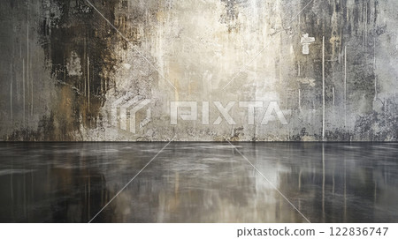 Large wall with a lot of cracks and holes. The wall is gray and the cracks are white 122836747