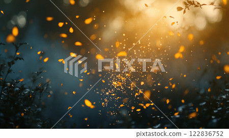 Blurry image of leaves and branches with a lot of yellow and orange specks. The image has a dreamy, ethereal quality to it, as if it were captured in a moment of stillness 122836752