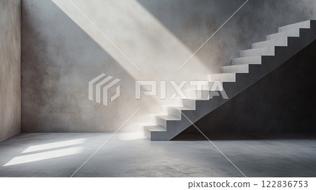 Staircase is shown in a room with a window. The staircase is white and is the only thing in the room Staircase is shown in a room with a window. The staircase is white and is the only thing in the room 122836753