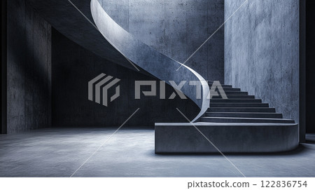 Spiral staircase is shown in a dark room. The staircase is made of concrete and is very tall. The room is empty and the staircase is the only thing visible Spiral staircase is shown in a dark room. The staircase is made of concrete and is very tall. The room is empty and the staircase is the only thing visible 122836754