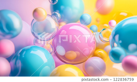 Colorful image of many different colored spheres. The spheres are of various sizes and colors, including pink, yellow, and blue. The image has a playful and whimsical mood 122836759