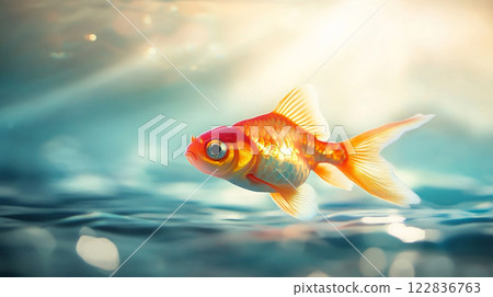 Goldfish is swimming in a blue ocean. The fish is small and has a bright orange color 122836763