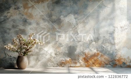 Vase with flowers sits on a wall with a grey and brown background. The vase is the focal point of the image, and the flowers add a touch of color and life to the otherwise plain wall 122836772