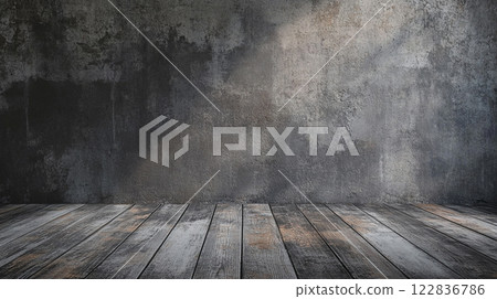 Wooden floor with a wall in the background. The wall is made of concrete and has a rough texture. The floor is made of wood and has a worn appearance. Scene is somewhat bleak and industrial 122836786