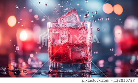 Glass of red liquid with ice cubes in it is splashing water. The image has a mood of fun and excitement, as if someone is having a good time 122836787