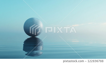 Large white ball is floating on the surface of a calm body of water. The reflection of the ball in the water creates a sense of depth and tranquility 122836788
