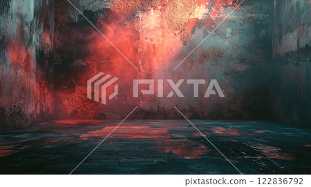 Room with a wall that is covered in graffiti and has a red and blue color scheme. The room is empty and has a dark and moody atmosphere 122836792