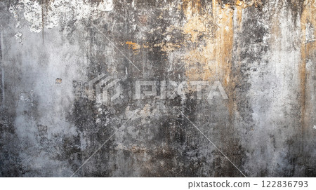 Wall with a lot of cracks and holes. The wall is gray and has a lot of texture Wall with a lot of cracks and holes. The wall is gray and has a lot of texture 122836793