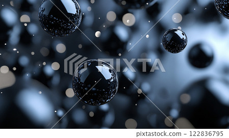 Close up of a black and white image of a bunch of black spheres. The spheres are scattered throughout the image, with some closer to the foreground and others further back. Scene is one of mystery Close up of a black and white image of a bunch of black spheres. The spheres are scattered throughout the image, with some closer to the foreground and others further back. Scene is one of mystery 122836795