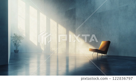 Chair is sitting in a room with a window. The sunlight is shining on the chair, making it look warm and inviting. The room is empty, with no other furniture or decorations Chair is sitting in a room with a window. The sunlight is shining on the chair, making it look warm and inviting. The room is empty, with no other furniture or decorations 122836797