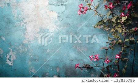 Wall with a blue background and a pink flower on it. The flower is on the wall and is not in the foreground Wall with a blue background and a pink flower on it. The flower is on the wall and is not in the foreground 122836799