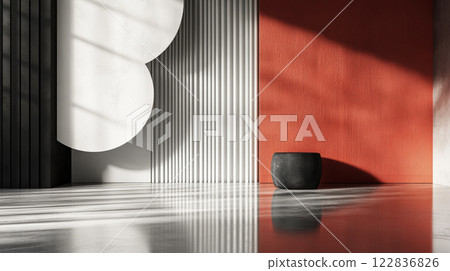 Room with a white wall and a red wall. The room is empty and has a minimalist design 122836826
