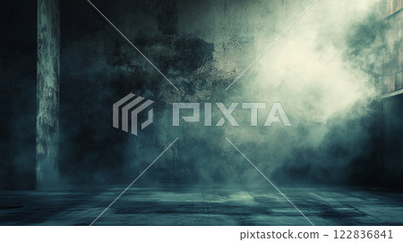 Dark room with a wall and a floor. The room is filled with smoke. Scene is eerie and mysterious 122836841