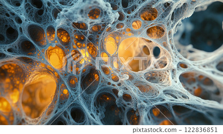 Close up of a strange looking object with many holes in it. The object is orange and white in color 122836851