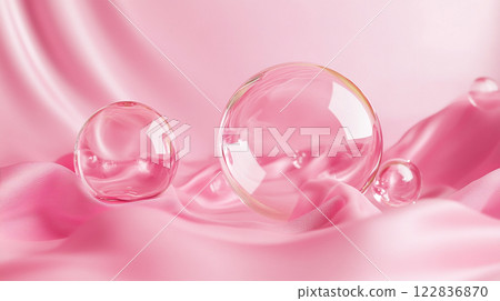 Pink background with four clear spheres on top of it. The spheres are of different sizes and are placed in a way that creates a sense of depth and dimension. Scene is serene and calming 122836870