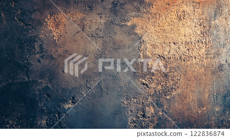 Wall with a brown and blue color background. The wall has a rough texture and he is made of concrete 122836874