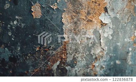 Wall with a lot of peeling paint and a lot of rust. The wall is blue and brown 122836878