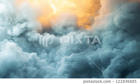 The sky is filled with smoke and clouds, creating a moody and ominous atmosphere. The smoke is thick and heavy, making it difficult to see through. The clouds are dark and foreboding 122836885