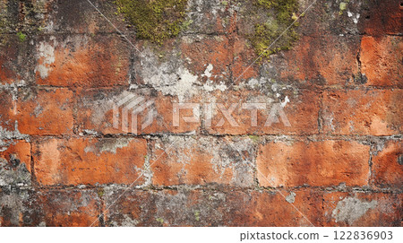 Brick wall with moss growing on it. The wall is old and has a rough texture. The moss gives the wall a natural and rustic appearance 122836903