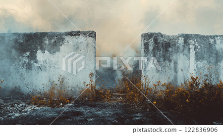 Wall with a hole in it and smoke coming out of it. The wall is white and the smoke is orange Wall with a hole in it and smoke coming out of it. The wall is white and the smoke is orange 122836906