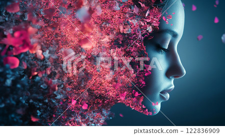 Woman's face is shown in a blurry, colorful, and abstract style. The image is a representation of the beauty and complexity of the human face, with the flowers 122836909