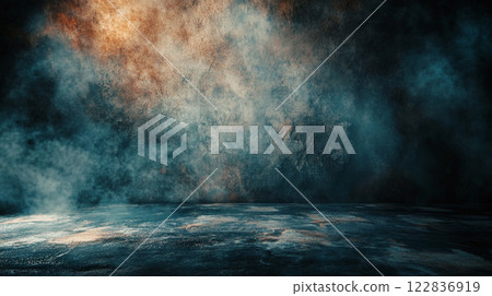 Dark room with a blue background and a lot of smoke. Scene is mysterious and eerie Dark room with a blue background and a lot of smoke. Scene is mysterious and eerie 122836919