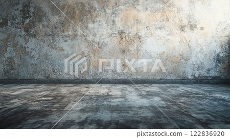 Large, empty room with a wall that is covered in cracks and peeling paint. The room is bare and uninviting, with no furniture or decorations. Scene is one of emptiness and neglect 122836920