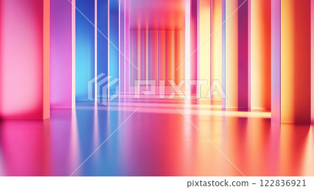 Long hallway with colorful pillars and a bright light shining on the floor. The hallway is empty and the colors are vibrant, creating a sense of energy and excitement 122836921
