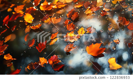 Beautiful autumn scene with leaves floating in the water. The leaves are of different sizes and colors, creating a sense of movement and life. The water appears calm and serene 122836933