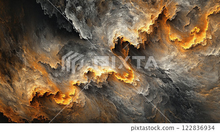 Painting of a cloud with orange and white swirls. The painting has a dreamy, ethereal quality to it 122836934