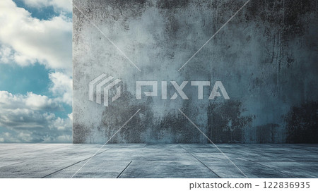 Grey wall with a blue sky in the background. The wall is empty and has no decoration Grey wall with a blue sky in the background. The wall is empty and has no decoration 122836935