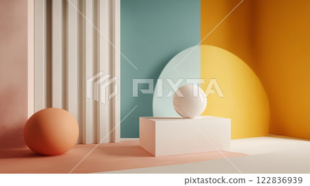 Room with a white wall and a blue wall. A white ball is on a white pedestal 122836939