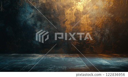 Dark room with a wall that has a lot of texture and a few spots of gold. The room is empty and has a moody atmosphere Dark room with a wall that has a lot of texture and a few spots of gold. The room is empty and has a moody atmosphere 122836956