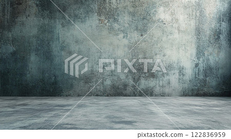 Large, empty room with a grey wall. The wall is covered in cracks and has a rough texture. The room is bare and uninviting, with no furniture or decorations. Scene is bleak and desolate 122836959