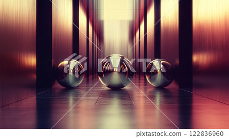 Three shiny balls are placed in a hallway, reflecting light and creating a sense of depth. The scene is abstract and modern, with a metallic finish that adds to the overall aesthetic Three shiny balls are placed in a hallway, reflecting light and creating a sense of depth. The scene is abstract and modern, with a metallic finish that adds to the overall aesthetic 122836960
