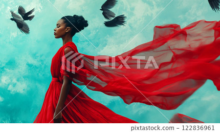 Woman in a red dress is standing in front of a blue sky with birds flying in the background Woman in a red dress is standing in front of a blue sky with birds flying in the background 122836961