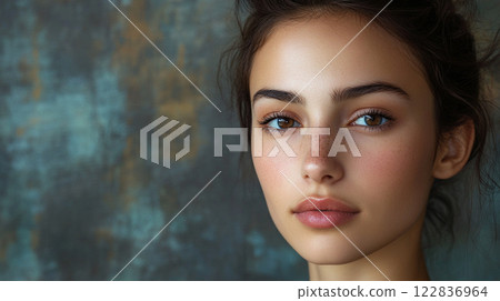 Woman with a light brown face and brown hair. She has a light pink lip color. She is looking at the camera Woman with a light brown face and brown hair. She has a light pink lip color. She is looking at the camera 122836964