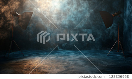Dark room with two lighting stands and a wall. The lighting stands are on the left and right side of the room Dark room with two lighting stands and a wall. The lighting stands are on the left and right side of the room 122836968